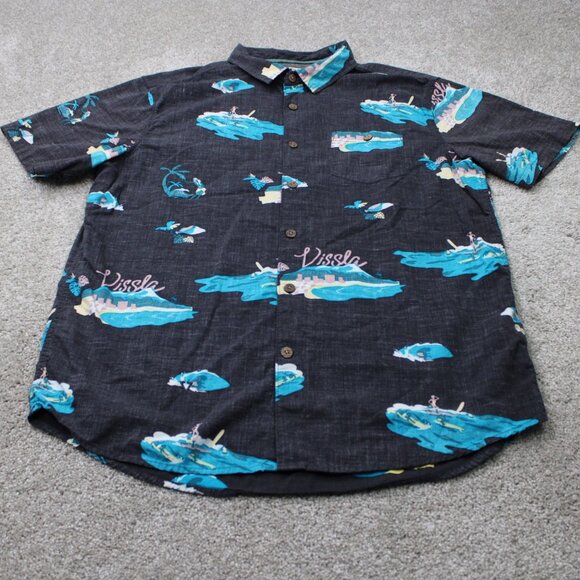 Vissla Waikikooks Shirt Mens XL Black/Blue Beach Print Cotton/Viscose S/S Button - Picture 2 of 14